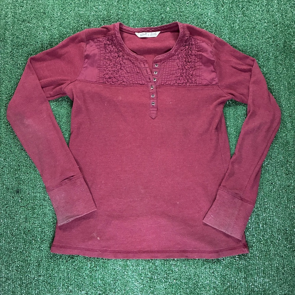 Y2K Woolrich Henley Waffle Knit Thermal‎ Long Sleeve Top Maroon Smocked